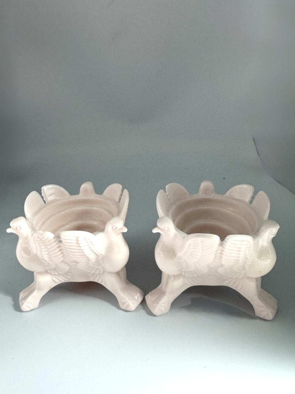 Vintage ?1950 Jeanette? Light Pink Milk Glass Bird Candle Holders Tripod Footed
